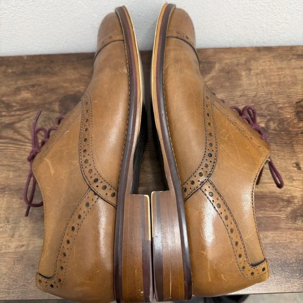 Johnston & Murphy Tan Leather Wingtip Oxfords with Burgundy Laces
